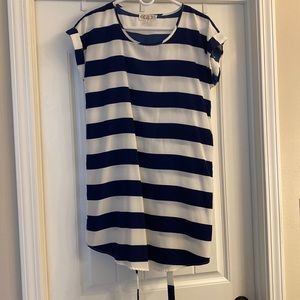 Navy and white striped dress with band to tie at waist.